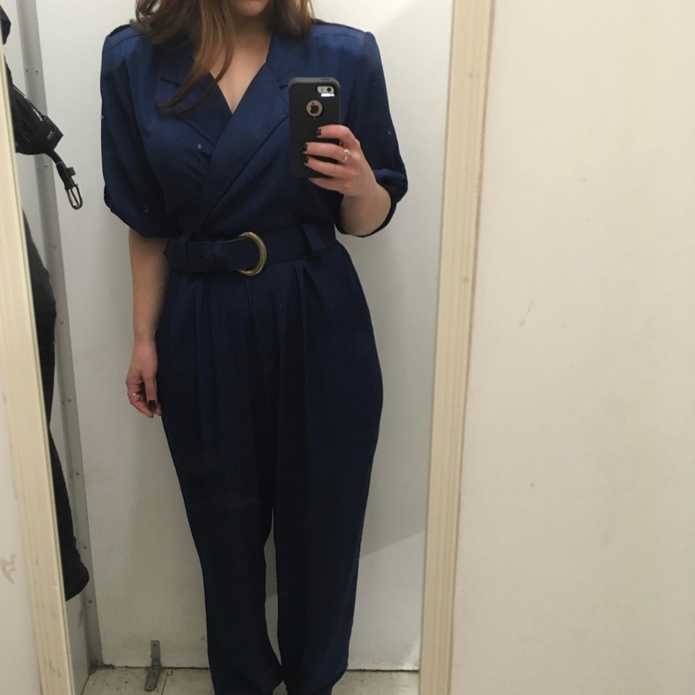 Vintage Wide Leg Navy Wrap Jumpsuit with Epaulettes and Matching Belt